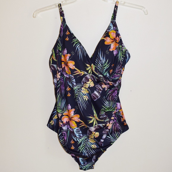 H&M Navy Tropical Floral Print One Piece Swimsuit - Picture 2 of 6